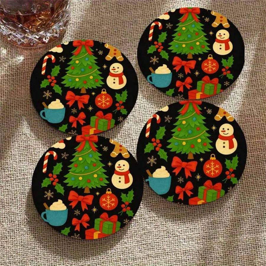 2D Flat, 4 Round Wooden Coasters, Holiday Snowman And Christmas Tree Coasters, Round Wooden Beverage Coasters With Snowman, Tree, Gift And Snowflake Designs, Red And Green Holiday Table Decor, Housewarming Gift, Christmas Coasters, Seasonal Tableware, Decorative Coasters - View 1