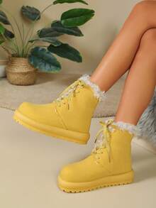 Women Ankle Boots, Lace Up, Round Toe, Easy Wear, Daily Comfort - Yellow - View 4