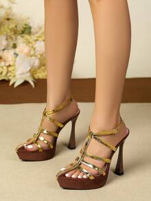 Vintage Brown & Gold Snake Print Hollow Strap Thick Platform High Heel Sandals, Pointed Toe Open Toe Backless Buckle Asymmetric Flare Heel Party Evening Shoes - Gold - View 3