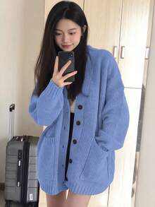 Alicedudu Women's Autumn/Winter Loose Minimalist Button-Up Cardigan With Large Pockets Fall - Baby Blue - View 6