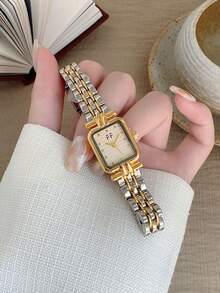 優雅女款石英手錶，金銀雙色錶帶，圓形與方形金屬錶盤，精緻刻度，適合日常佩戴 - 銀間金 - 查看 2