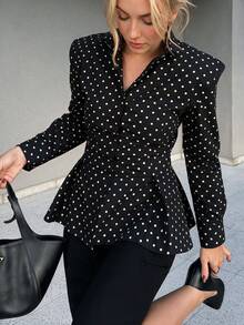 Unadoll Women's Autumn Black Polka Dot Ruffle Trim Blouse, Elegant Long Sleeve Slim Fit Shirt, Fashionable For Commuting, Office And Back To School - Black - View 11