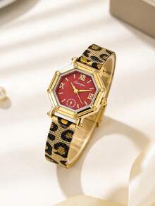 1pc Vintage Red Octagonal Light Luxury Quartz Watch For Women, Featuring A Gold Alloy Case And A Leopard-Print Metal Mesh Strap,Daily Wear& As A Gift - Red - View 1