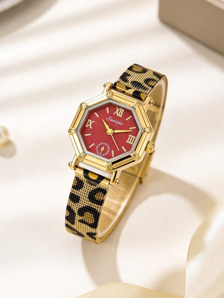 1pc Vintage Red Octagonal Light Luxury Quartz Watch For Women, Featuring A Gold Alloy Case And A Leopard-Print Metal Mesh Strap,Daily Wear& As A Gift - Red - View 1
