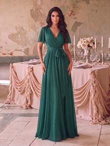 Elegant Green Bridesmaid Dress With Flounce Short Sleeves, Overlap Collar, And Belted Long Skirt, Perfect For Formal Parties And Prom - Dark Green - View 5