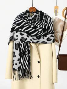 1PC Women Black White Zebra Leopard Print Scarf Tassel Shawl,Double Sided Printing Scarf,Suitable For Pairing With A Black Jacket For Photography - Black and Gray - View 9