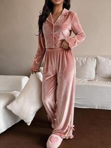 Teen Girl Gold Velvet Fabric Sleepwear 2 Pieces Set,Lapel Button Bow Long Sleeved+Bow Decorated Pants,Soft And Warm Teen Autumn And Winter Home Wear - Pink - View 3
