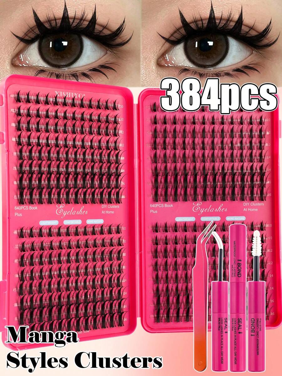 XISHIYO 384簇天然DIY接睫毛套組，10mm-16mm捲度單簇假睫毛，適合初學者的睫毛增強套組，含睫毛膠、鑷子、刷子，天然假睫毛禮物，適合女性與女孩