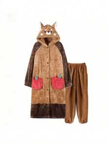 Women's Cute Cartoon Raccoon Hooded Flannel Bathrobe, Thick Soft Plush Loungewear, Non-Stretch Machine Washable Warm Home Robe, Suitable For Cold Winter Indoor, Bathroom And Christmas, Comfortable Breathable Absorbent Quick-Drying, Applicable For Home/Spa/Hotel/Leisure - Multicolor - View 16
