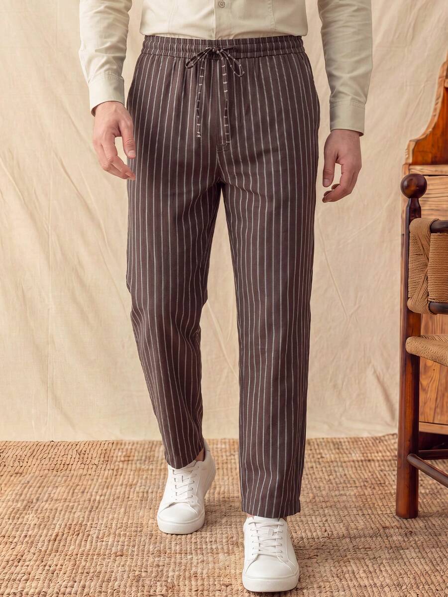 glestore Men's Retro-Style "Lao Qian" Drawstring Solid-Color Casual Pants: Comfortable, Commute-Friendly, And Versatile For All Seasons - Chocolate Brown - View 1