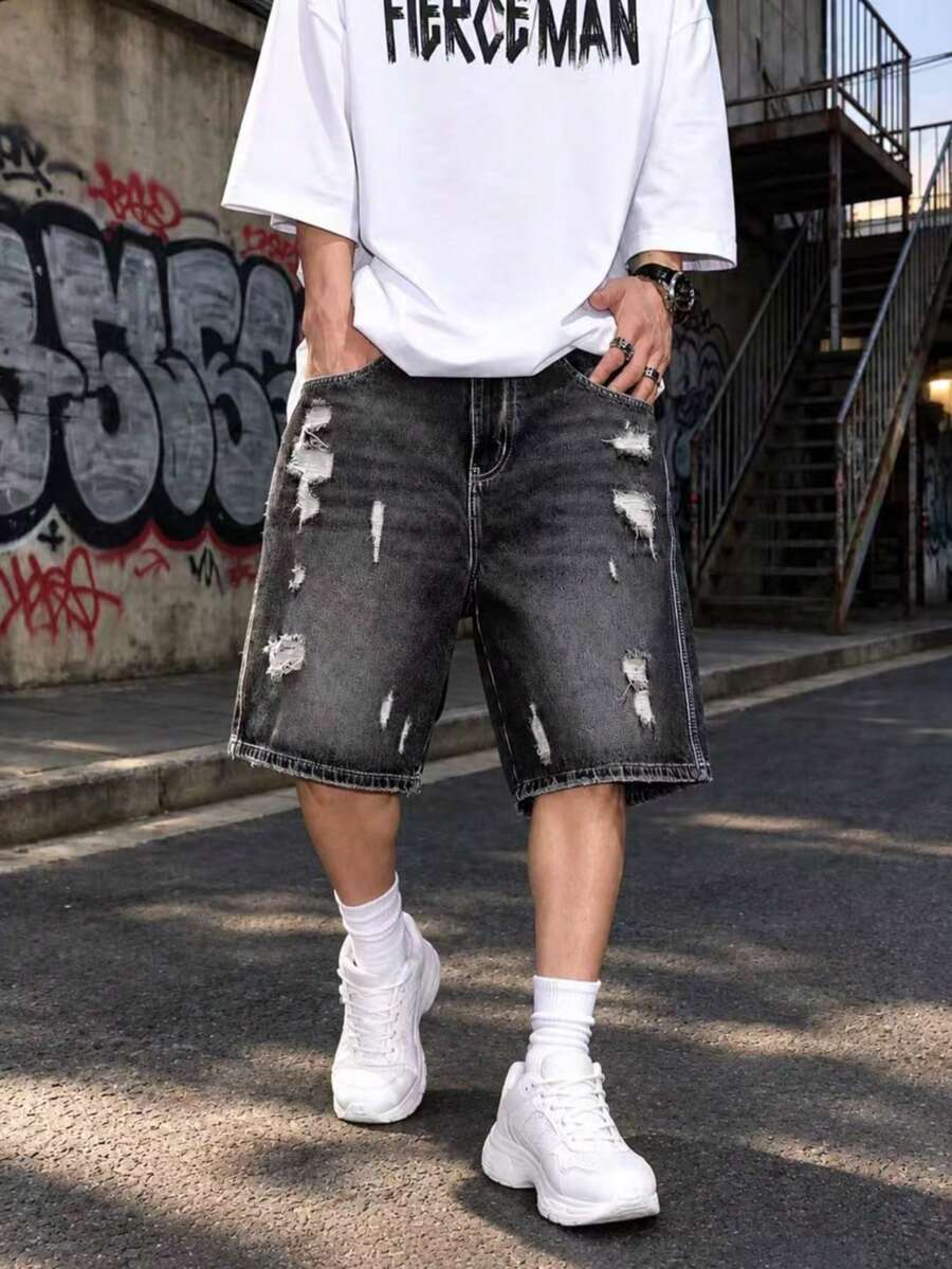 Men's Summer Street Fashion Distressed Washed Denim Shorts - Dark Grey - View 1