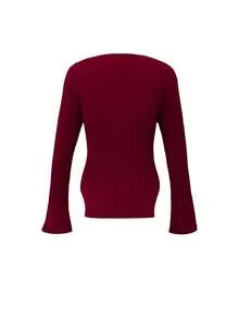 Elegant And Fashionable Apricot Square Neck Solid Color Pullover With Shoulder-Connected Sleeves, Ribbed Asymmetrical Hem, Suitable For Women, Casual And Comfortable, Versatile For Evening Dates, Holidays, New Year, Back To School, Office, Spring, Autumn, Winter Daily Wear - Burgundy - View 9