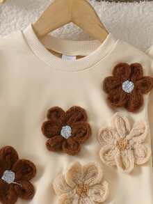 2pcs Girls Casual Sporty 3D Floral Crew Neck Long Sleeve Sweatshirt & Elastic Waist Straight Leg Pants Set, Spring/Autumn - Apricot - View 3