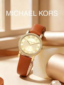 Michael Kors MK2697 Women's Quartz Watch 28mm Small Dial Crystal Bezel Brown Leather Vintage Commuter Wristwatch Gift - Gold - View 5