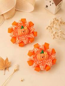 2pcs Thanksgiving Plaid Hair Clips For Kid Girls,Cute Cartoon Pumpkin Checkered Barrettes For Thanksgiving Gatherings,Gift,Child Girls' Hair Accessory - Multicolor - View 3