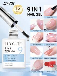 LILY'CUTE 9 In 1 2Pcs 15ml Uv Reinforcement Construction Gel Multi Functional Nail Gel For Nail Tip Extension Nail Surface Reinforcement Color Mixing Rhinestone Sticking Beginner Home Nail Art Gift - Multicolor - View 1