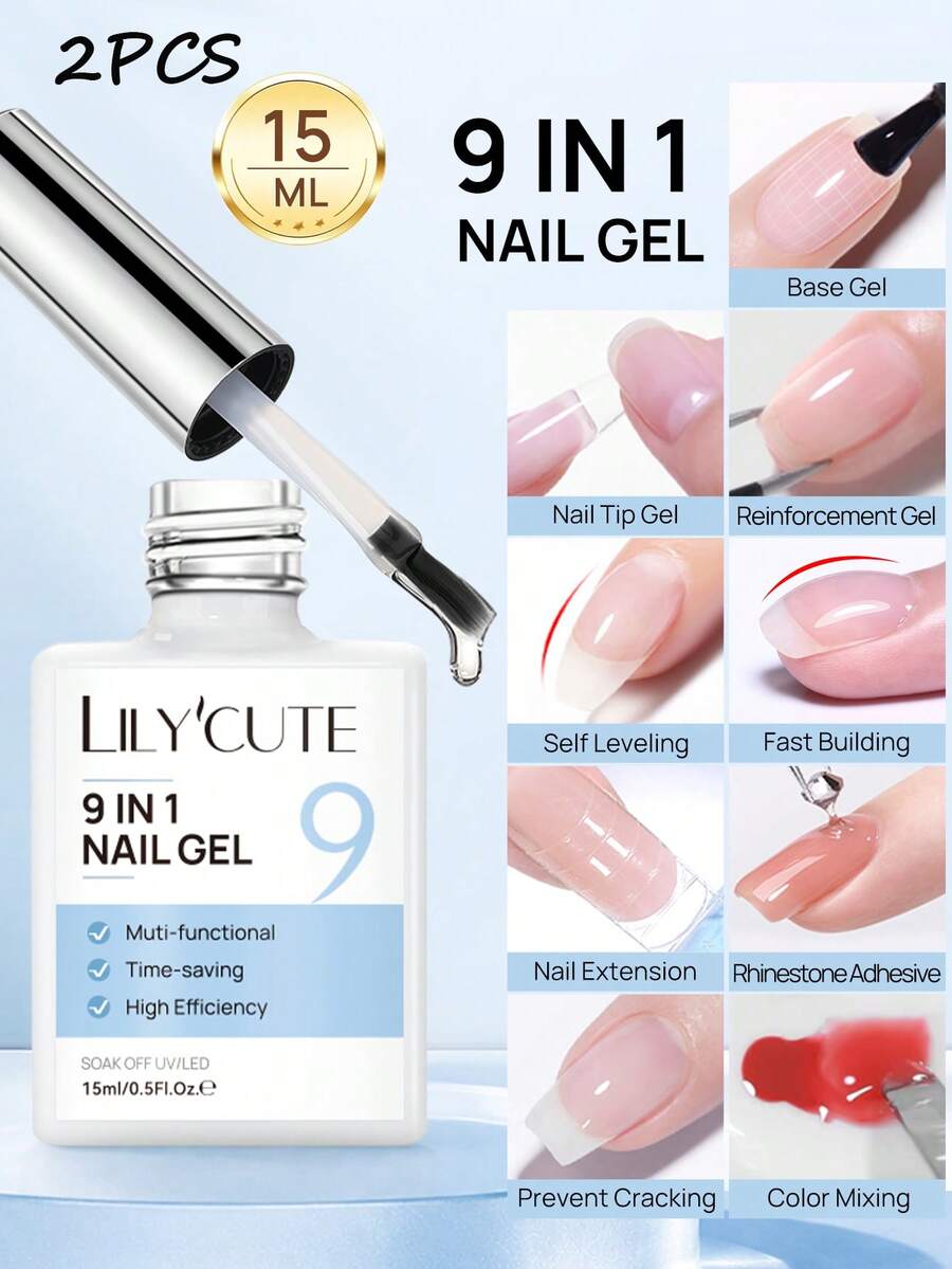 LILY'CUTE 9 In 1 2Pcs 15ml Uv Reinforcement Construction Gel Multi Functional Nail Gel For Nail Tip Extension Nail Surface Reinforcement Color Mixing Rhinestone Sticking Beginner Home Nail Art Gift - Multicolor - View 1