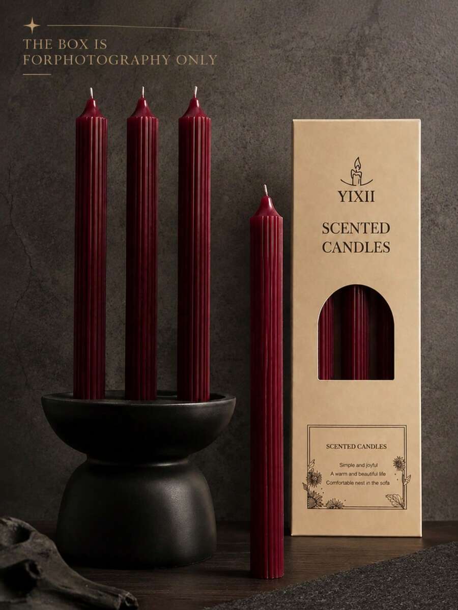 4pcs Burgundy Vertical Striped Scented Candle Set, Smoke-Free Fragrance Candles, Soy Wax Material, Suitable For Wedding, Home Decor Candles
