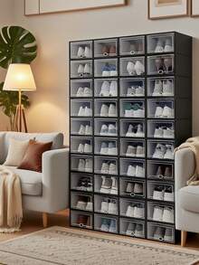 6/14 Piezas de Organizador de zapatos apilable, cajas para calzado con puerta transparente, diseño plegable y modular, almacenamiento para tenis, tacones y zapatos, ideal para dormitorio, armario y entrada, disponible en negro y blanco - Ver 2