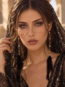 1pc Vintage Bohemian Pearl Face Chain With Black Feather Tassel, Facial Chain Accessory For Evening Party Cosplay Exotic Style - Rhinestones - View 2