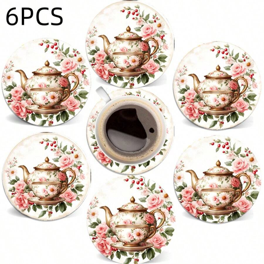 6pcs Pink Rose & Berry Pattern Wooden Heat-Insulating Coasters - Flat Design Suitable For Mugs, Wooden Pulp Material Tabletop Protection Pads, Kitchen Dining Table Decor, Home Decor, Valentine's Day & Easter Gifts, 2D Flat Design - View 1