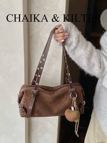 1pc Minimalist Fashion Buckle Suede Fabric Shoulder Bag, Suitable For Commuting, Shopping, Etc. (With Pendant) - Coffee - View 8