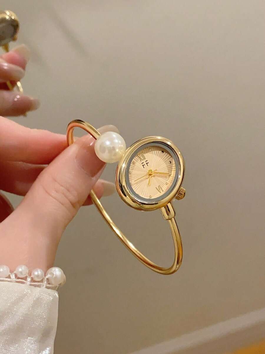 1件女款金色石英手錶,橢圓形金色錶盤配珠飾手鍊錶帶(混合刻度),適合日常佩戴 - 金色 - 查看 1