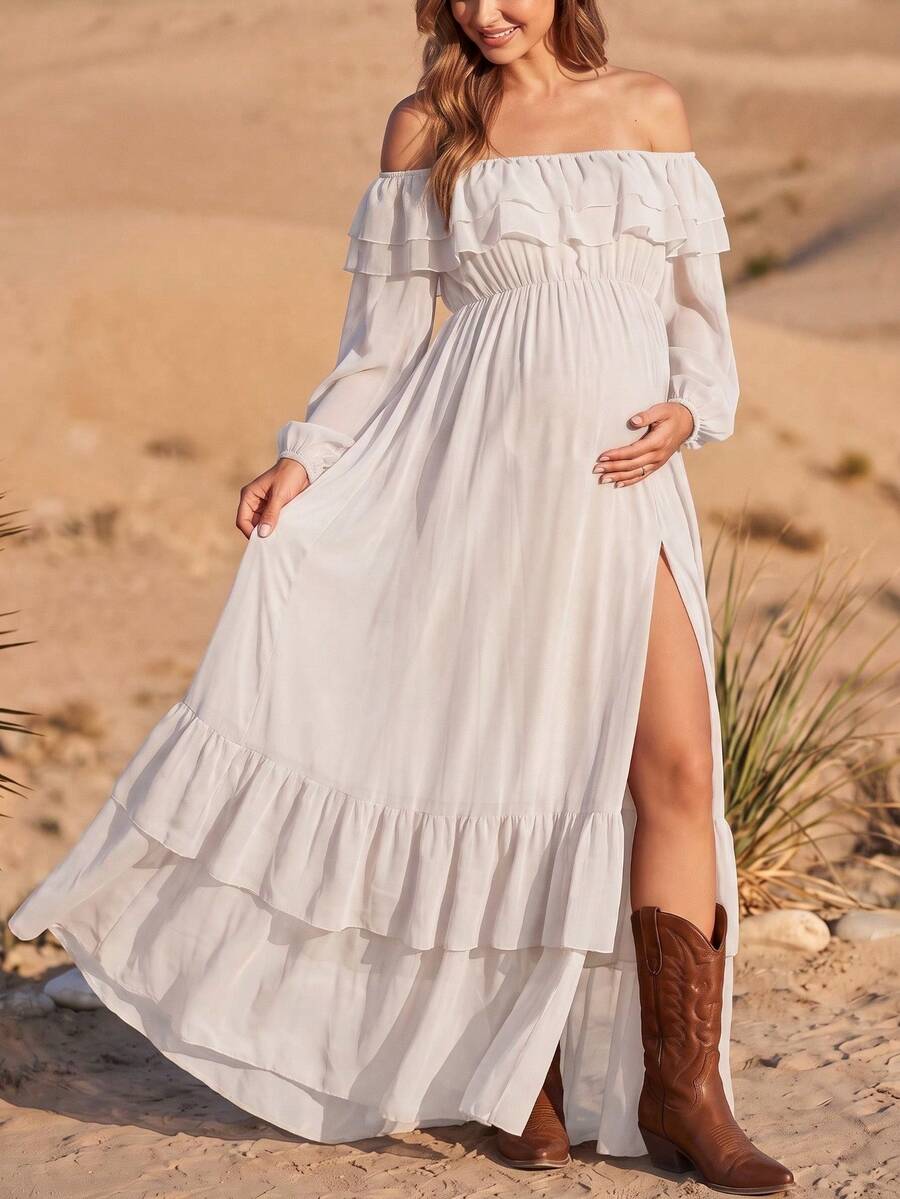 Maternity Off-Shoulder White Long Sleeve Ruffle Hem Dress, High Slit Loose Flowy Pregnancy Photoshoot Formal Gown Fall - White - View 1