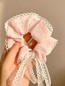 Soft Pink Textured Fabric Hair Scrunchie With Delicate Hollow Lace Ribbon Bow, Girls Hair Accessory - Multicolor - View 5