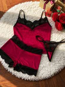 Bộ đồ ngủ sexy nhung vintage màu đỏ rượu vang, áo camisole phối ren đen, quần short và quần lót dây G-string mặc nhà - Đỏ - Xem 5