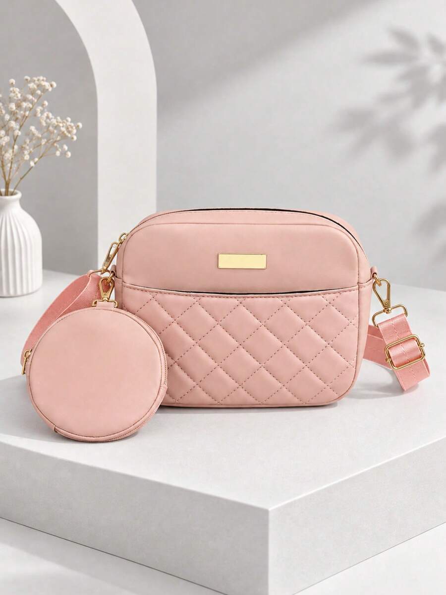 1pc Women's Quilted Diamond Stitch Camera Bag, Detachable Wide Strap Small Round Crossbody Bag, Minimalist Versatile Casual Small Bag - M1950 - View 1