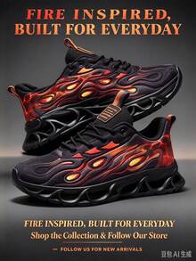Men's Flame Print Blade Sole Sports Shoes, Thick Sole Height-Increasing Casual Chunky Sneakers With Lace-Up - Black - View 4