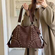 1pc Maillard Brown Suede Rivet Soft Bag, Round Ring Connection Design, 3D Rivet Arrangement, Soft Slouchy Oversized Bag Shape, Vintage American Style, Large Capacity For Daily Use, Personalized Handheld Crossbody Women's Bag - Coffee - View 2