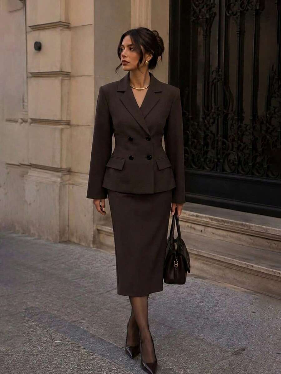 Elegant Women's Lapel Double-Breasted Blazer And Skirt Set, Suitable For Autumn Workplace Or Business Wear - Brown - View 1