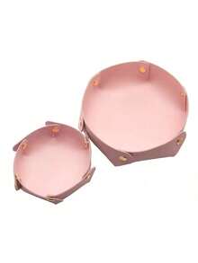 2pcs Round PU Leather Storage Boxes Minimalist Style Desktop Entryway Makeup Jewelry Organizer Tray - Multicolor - View 9