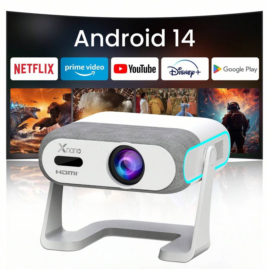 AOC Smart Home Theater Projector | Native 720P Resolution, Android 14 System, Auto Focus, Auto Keystone Correction, Dual-Band WiFi, Bluetooth Remote, Wireless Screen Mirroring, Ideal For Bedroom Movies, Home Entertainment, And Outdoor Cinema
