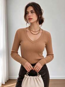 QUNGIGU Women Casual Ribbed Knit Pullover V Neck Long Sleeve Slim Fit Tops Casual Clothes For Daily Commuting Going Out Dating - Khaki - View 4