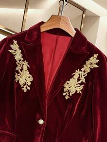 Women's Autumn/Winter Elegant Commute Holiday High-Quality Composite Velvet Fabric Single-Breasted Gold Thread Embroidered Fitted Long Sleeve Blazer - Burgundy - View 8
