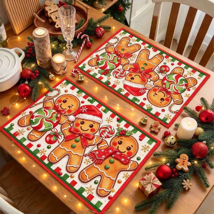 1/4/6pcs Christmas Series 3 Cute Gingerbread Men Side-By-Side Pattern Printed Placemats, Heat-Resistant Table Mat For Home Kitchen/Table Protection, Kitchen Dining Table Party Scene Decoration