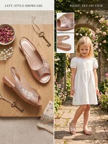Girls' Summer Embroidered Flower Sandals, Retro Peep-Toe Princess Shoes, Soft Bottom Non-Slip Elastic Band Shoes, Casual Children Shoes - Champagne - View 2