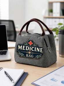 1pcsVintage Medicine Bag, Striped Tote Lunch Bag, Large Capacity Laptop Storage Bag, Zippered Toiletry Makeup Bag For Work, Travel, Business Tri/Set - Multicolor - View 8