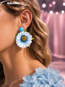 Vintage Heavy-Duty Yellow Wire-Wrapped Beaded Sunflower Earrings, Artificial Flower & Green Leaf Dangle Ear Accessories, Exaggerated Style For Hot Girl Runway Party - Baby Blue - View 4