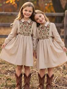 Tween Girls Tween Girl Long Sleeve Dress, Autumn/Winter, Apricot Floral Embroidered Fabric Patchwork Faux Two Pieces Design, Back Waist A-Line Bow, Cute Pastoral Casual Vacation Street Daily Outfit - Multicolor - View 10