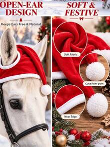 Horse Riding Christmas Decoration Hat, Soft Fleece Fabric With Classic White Trim And Pom Pom Design, Hollow Structure Does Not Affect Horse Movement, Secure And Anti-Slip Fit, Suitable For Christmas Parties, Outdoor Riding And Holiday Photos - Multicolor - View 6