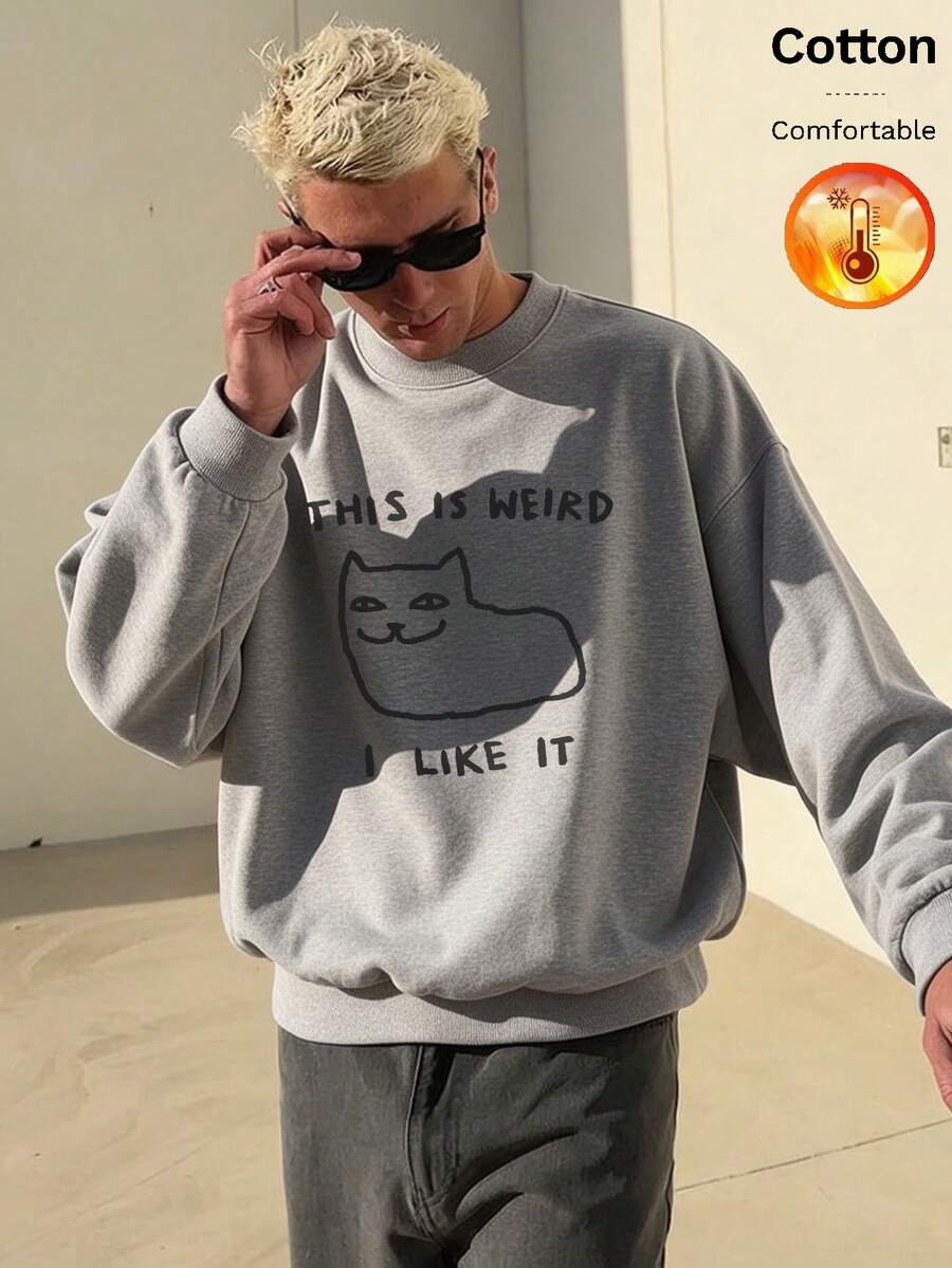 Autumn/Winter Men's Thermal Lined Crew Neck Sweatshirt "THIS IS WEIRD I LIKE IT" Cat Graphic Print Y2K Style - Heather Gray - View 1