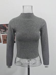 Korean Sexy Style Round Neck Short Curved Hem Slim Fit Long Sleeve Top Women Autumn/Winter Elastic Slim Fit Slimming Versatile Inner Layer Base Layer Knit Sweater - Grey - View 6