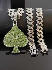 European & American Hip Hop Colorful Full Rhinestone Spade A Pendant Cuban Chain, Personalized Street Style Rhinestone Men's Necklace, Rap Accessory - Silver - View 15