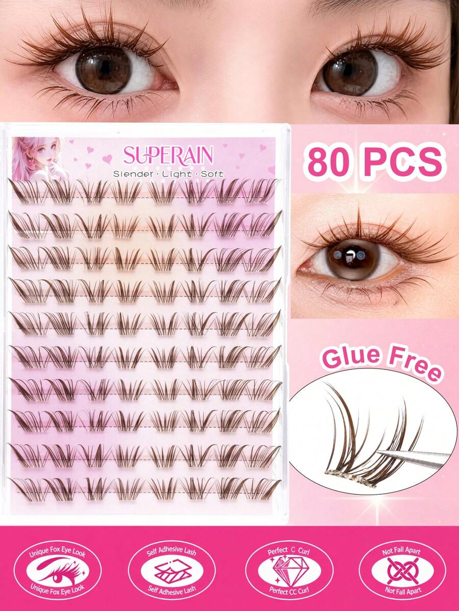 80 Clusters Brown Self Adhesive False Eyelashes, Japanese Korean Style Lashes No Glue Needed, Slender Wispy Lash Clusters, Soft Defined Hair, Lightweight Elongated Eye Look, Easy DIY Segmented Lashes For Daily Makeup - C - View 1