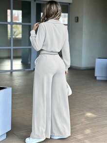 Women's Simple Fall Commuter And Casual Two Pieces Set: Long-Sleeve Collared Top And Straight-Leg Pants With Elastic Waist And Pockets - White - View 2