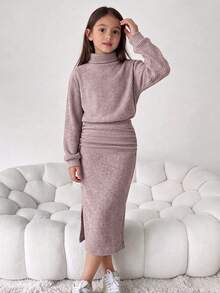 Tween Girl Solid Color High Neck Dropped Shoulder Long Sleeve Ruched Casual Dress - Pink - View 1